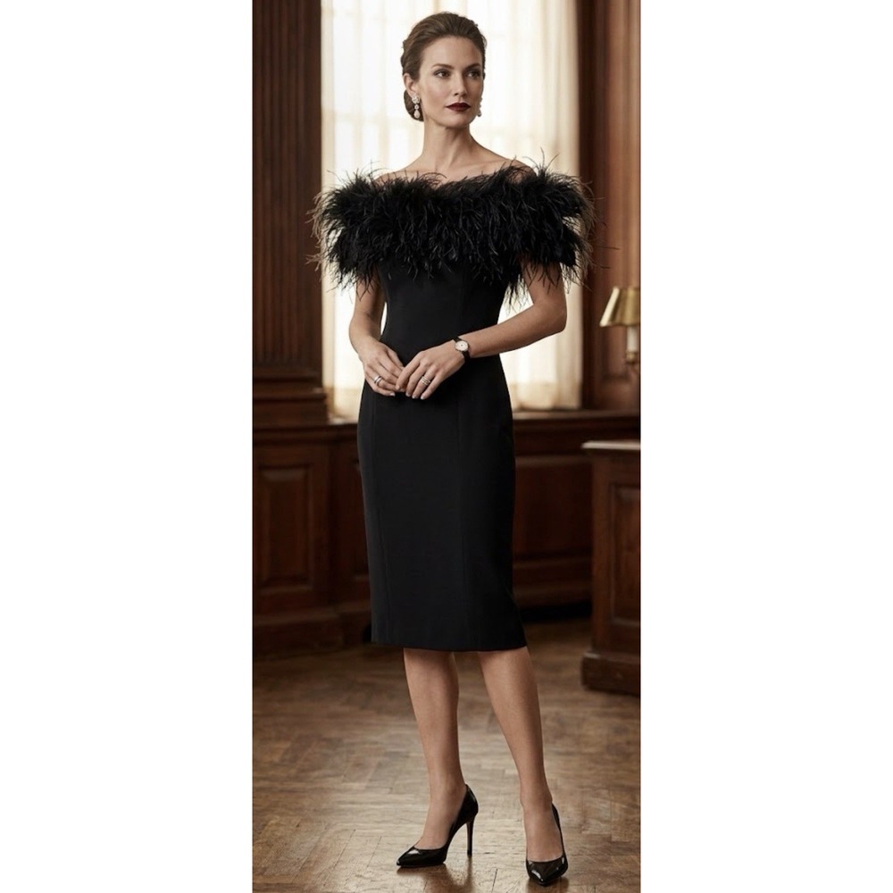 Vintage Ralph Lauren Black Label wool cocktail dress Ostrich Feathers Size 10